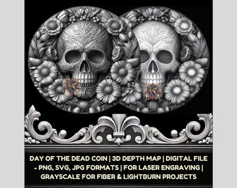 Day of the Dead Münze 3D Tiefe Karte Digitale Datei | PNG-, jpg-, STL-Formate | CNC-Gravur, Lasergravur, 3D-Druck | Zuckerschädel Design