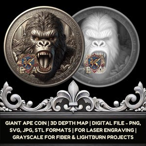 May include: A 3D depth map of a giant ape coin. The coin features a detailed image of a gorilla with an open mouth, showing its teeth. The coin is surrounded by a decorative border.