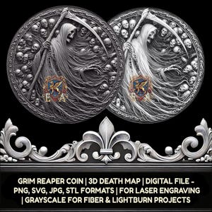 Sensenmann 3D Tiefe Karte Digitale Datei | PNG-, jpg-, STL-Formate | CNC-Gravur, Lasergravur, 3D-Druck | Gothic Dekor, Halloween Requisiten