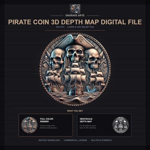 Fichier CNC 3D de crânes de pirates en relief – Carte de profondeur et rendu couleur pour gravure laser sur fraiseuse