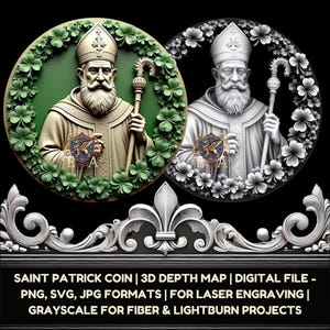 May include: A digital 3D depth map of Saint Patrick holding a staff, surrounded by shamrocks. The image is in grayscale and is suitable for laser engraving projects.