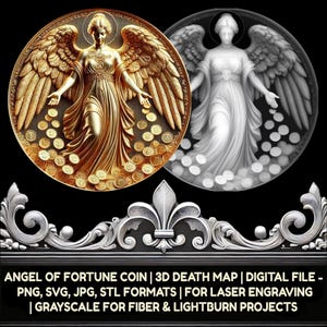 Angel of Fortune Münze 3D Tiefe Karte Digitale Datei - Lotterielos Rubbellos Thema | PNG-, SVG-, JPG-Formate für die Lasergravur