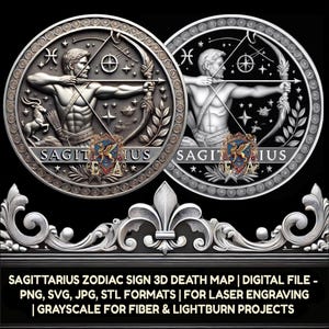 Schütze Sternzeichen Münze 3D Tiefe Karte Digitale Datei - PNG, SVG, JPG Formate für die Lasergravur | Graustufen für Fibre LightBurn-Projekte