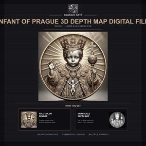 May include: A digital file listing for an Infant of Prague 3D depth map. The image features a circular metallic relief of the Infant of Prague wearing a crown and holding a cross-topped orb. Text includes ENGRAVE ARTÉ, SKU 001, and WHAT YOU GET.