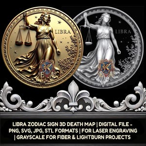 Waage Sternzeichen Münze 3D Tiefe Karte Digitale Datei - PNG, SVG, JPG Formate für die Lasergravur | Graustufen für Fibre & LightBurn Projekte