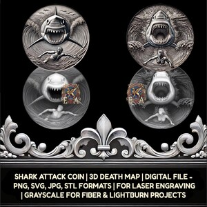May include: A digital file of a 3D death map of a shark attack. The image shows a shark attacking a person in the water. The file is available in PNG, SVG, JPG, and STL formats. It is grayscale for fiber and lightburn projects.