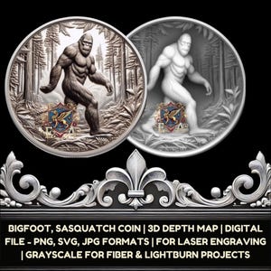 Bigfoot, Sasquatch Coin 3D-dieptekaart digitaal bestand - PNG-, SVG-, JPG-indelingen voor lasergravure | Grijswaarden voor Fiber & LightBurn-projecten