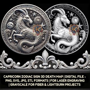 Steinbock Sternzeichen 3D Tiefe Karte Digitale Datei | PNG-, jpg-, STL-Formate | CNC-Gravur, Lasergravur, 3D-Druck | Astrologie-Kunst