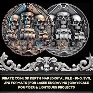 Archivo digital de mapa de profundidad 3D de moneda pirata / Formatos PNG, jpg y STL / Tallado CNC, grabado láser, impresión 3D / Búsqueda del tesoro, diseño de moneda de calavera