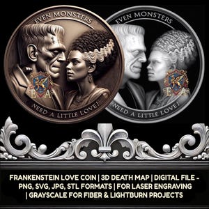 Frankenstein und Braut Liebe 3D Tiefe Karte Digitale Datei - Valentinstag Thema | PNG-, SVG-, JPG-Formate für die Lasergravur