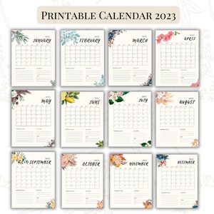 2023 Floral Calendar Printable | Portrait, Vertical | Digital Download | Wall Calendar