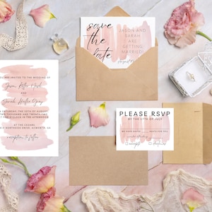 Blush Watercolor Brushstroke Wedding Invitation Suite