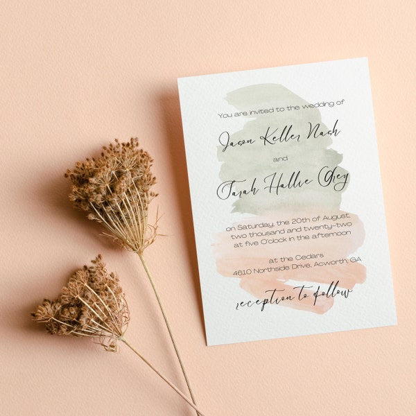 Peach + Sage Boho Watercolor Brushstroke Wedding Invitation *digital product only*
