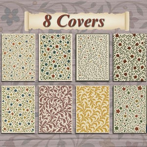 Graphic titled "8 Covers" showing eight different ornate floral cover designs for the medieval digital notebook. The covers feature intricate patterns in various color schemes, including cream with green vines, gold and red berries, and blue and green foliage, displayed in two rows of four over a soft floral background with the Moon Report logo.