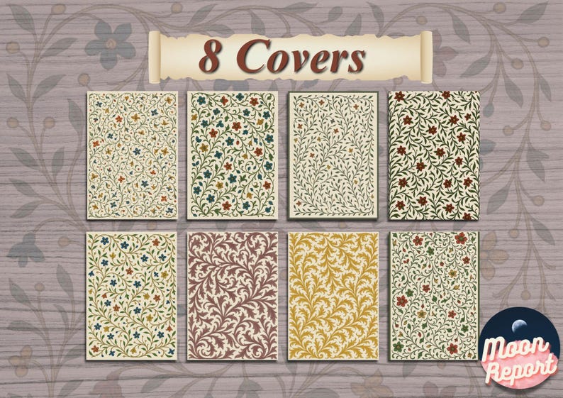 Graphic titled "8 Covers" showing eight different ornate floral cover designs for the medieval digital notebook. The covers feature intricate patterns in various color schemes, including cream with green vines, gold and red berries, and blue and green foliage, displayed in two rows of four over a soft floral background with the Moon Report logo.