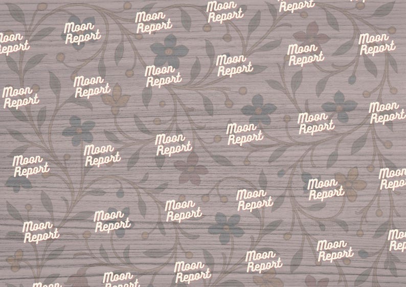 Pattern of small repeating text reading 'Moon Report' with a golden crescent moon above each word, arranged diagonally across a brown background filled with subtle floral motifs.