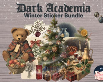 May include: A digital art composition featuring a teddy bear in a plaid shawl, a decorated Christmas tree, and gift boxes. The image has a vintage aesthetic with the text "Dark Academia Winter Sticker Bundle". Ornaments and fruit are also present.