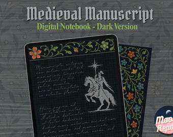Medieval Manuscript Digital Notebook, Dark Academia Journal, Black Parchment iPad GoodNotes