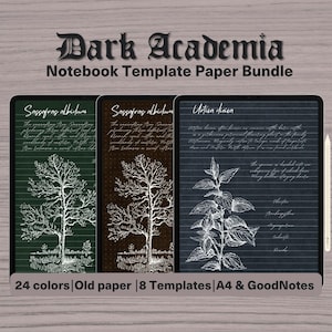Puede incluir: Un paquete de plantillas para cuaderno digital titulado Dark Academia Notebook Template Paper Bundle, que muestra tres pantallas verticales con papel rayado, ilustraciones botánicas blancas de árboles y plantas, y un lápiz óptico.