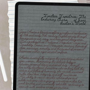 May include: A digital tablet displaying a gray screen with dark gray horizontal lines and cursive text titled Timeless Tapestries: The Enduring Charm of Jane Austen's World, accompanied by a white stylus resting on the left side of the device.
