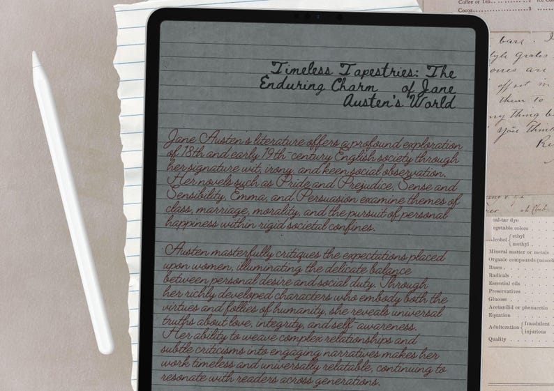 May include: A digital tablet displaying a gray screen with dark gray horizontal lines and cursive text titled Timeless Tapestries: The Enduring Charm of Jane Austen's World, accompanied by a white stylus resting on the left side of the device.