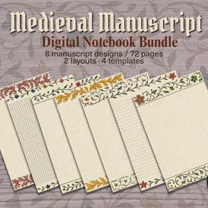 Cover graphic for a medieval manuscript digital notebook bundle, showing a fanned stack of ornate paper pages with floral borders and lined, grid, and blank layouts. Text on the image reads "Medieval Manuscript Digital Notebook Bundle" with details: 8 manuscript designs, 72 pages, and 2 layouts with 4 templates. The background has a floral pattern and the Moon Report logo appears in the corner.