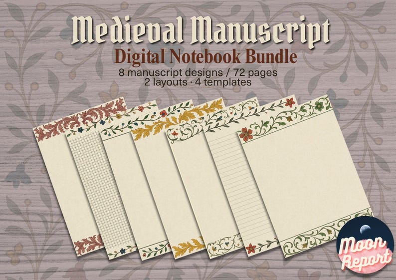Cover graphic for a medieval manuscript digital notebook bundle, showing a fanned stack of ornate paper pages with floral borders and lined, grid, and blank layouts. Text on the image reads "Medieval Manuscript Digital Notebook Bundle" with details: 8 manuscript designs, 72 pages, and 2 layouts with 4 templates. The background has a floral pattern and the Moon Report logo appears in the corner.