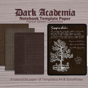 Op de afbeelding: Een afbeelding met een digitale notitieboek sjabloon met een dark academia thema. Het ontwerp toont een digitale tablet met een boomillustratie en tekst, samen met verschillende papiersjablonen in bruintinten. De tekst luidt "Dark Academia" en "Forest Green Collection."