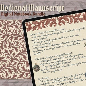 Image showcasing two pages from the Medieval Manuscript Digital Notebook Bundle. The left page displays an ornate floral pattern with red and cream swirling vines, while the right page shows a lined manuscript page on a tablet with an elegant top border and a hanging lantern illustration. A floral background frames the pages and the header reads "Medieval Manuscript Digital Notebook Bundle" with the Moon Report logo in the corner.