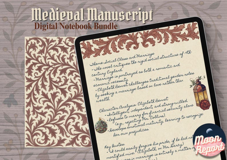 Image showcasing two pages from the Medieval Manuscript Digital Notebook Bundle. The left page displays an ornate floral pattern with red and cream swirling vines, while the right page shows a lined manuscript page on a tablet with an elegant top border and a hanging lantern illustration. A floral background frames the pages and the header reads "Medieval Manuscript Digital Notebook Bundle" with the Moon Report logo in the corner.