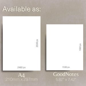 May include: Two white rectangular digital document templates labeled Available as: A4 measuring 2480 px by 3508 px or 210 mm by 297 mm, and GoodNotes measuring 1536 px by 1960 px or 5.82 inches by 7.42 inches, displayed against a neutral background.