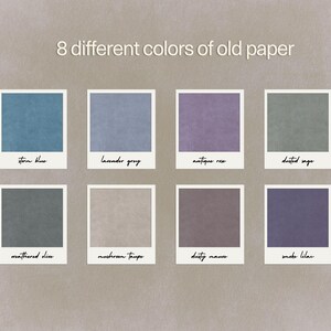 May include: A collection of 8 different colors of old paper displayed in square frames with white borders. The colors include storm blue, lavender grey, antique rose, dusted sage, weathered olive, mushroom taupe, dusty mauve, and smoke lilac.