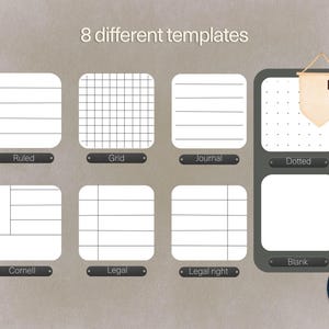 May include: A digital collection of 8 different templates for note-taking, including ruled, grid, journal, dotted, Cornell, legal, legal right, and blank layouts. Each template is displayed as a white square with rounded corners and black lines.