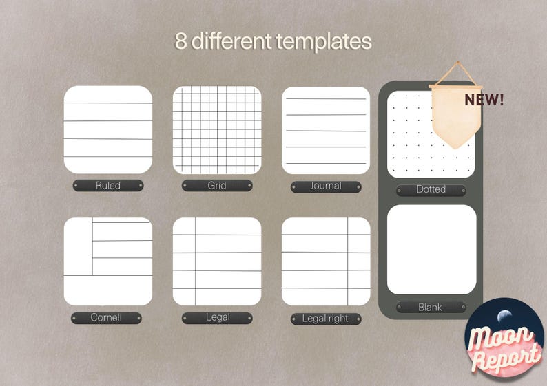 May include: A digital collection of 8 different templates for note-taking, including ruled, grid, journal, dotted, Cornell, legal, legal right, and blank layouts. Each template is displayed as a white square with rounded corners and black lines.