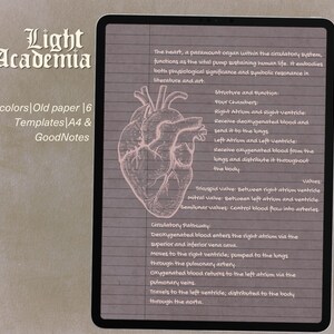 May include: A digital tablet displaying a study template with a vintage paper texture and lined background. It features a detailed anatomical heart illustration and educational text about the circulatory system, including chambers and valves.