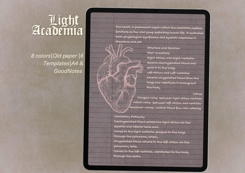 May include: A digital tablet displaying a study template with a vintage paper texture and lined background. It features a detailed anatomical heart illustration and educational text about the circulatory system, including chambers and valves.