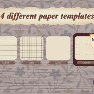 Illustration demonstrating four different paper templates: a ruled page with lines, a grid page with squares, a clear blank page, and a dotted page labeled 'NEW!' – all set against a floral vintage background and header reading '4 different paper templates'.