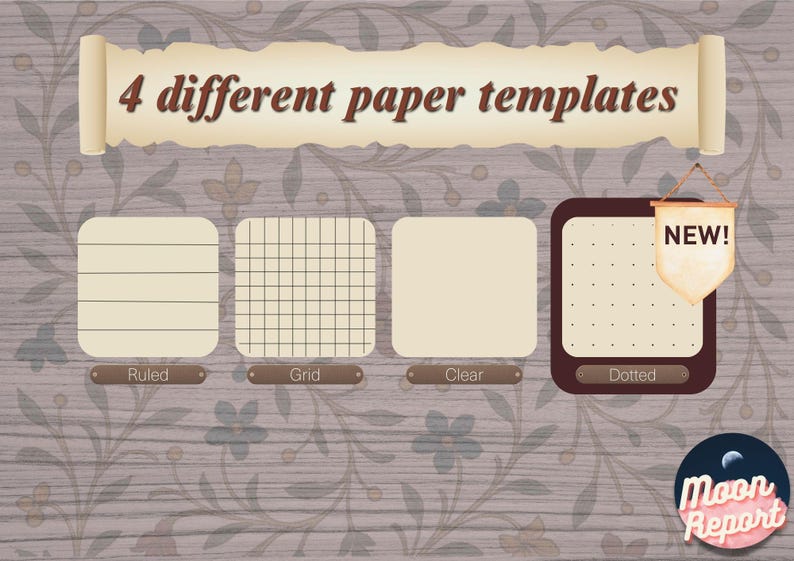 Illustration demonstrating four different paper templates: a ruled page with lines, a grid page with squares, a clear blank page, and a dotted page labeled 'NEW!' – all set against a floral vintage background and header reading '4 different paper templates'.
