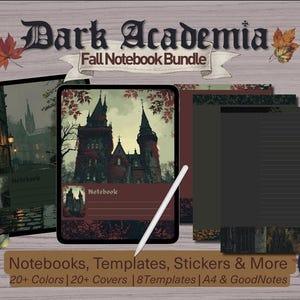 May include: A digital art bundle with a dark academia theme. The image shows a tablet with a castle illustration, a stylus, and several notebooks. Text includes "Dark Academia Fall Notebook Bundle" and "Notebooks, Templates, Stickers & More".