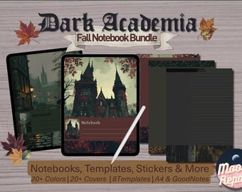 May include: A digital art bundle with a dark academia theme. The image features a tablet with a castle illustration, a stylus, and several notebooks. Text includes "Dark Academia Fall Notebook Bundle" and "Notebooks, Templates, Stickers & More".
