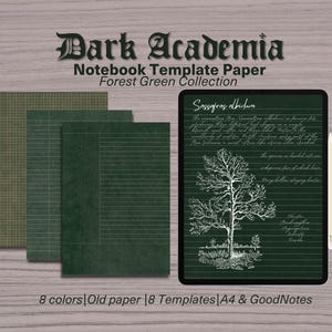 Könnte beinhalten: Digitales Notizbuch-Vorlagenpapier mit Dark Academia-Thema. Das Bild zeigt ein Tablet mit einer Baumillustration und handschriftlichem Text sowie mehrere Blätter grünes Papier. Der Text auf dem Bild lautet "Dark Academia Notebook Template Paper Forest Green Collection."