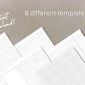 May include: A collection of white paper templates featuring various layouts including horizontal lines and grid patterns. The text 8 different templates is printed in white, and the text instant download is written in a cursive white script font.