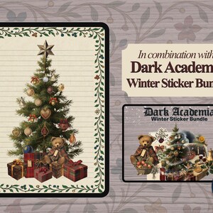Promotional graphic combining this product with the Dark Academia Winter Sticker Bundle. Left side shows a lined page with an illustrated Christmas tree decorated with ornaments and presents. Right side displays the product image of the Dark Academia Winter Sticker Bundle with a teddy bear, tree and other winter elements. Text reads "In combination with Dark Academia Winter Sticker Bundle" on a vintage floral background with the Moon Report logo.