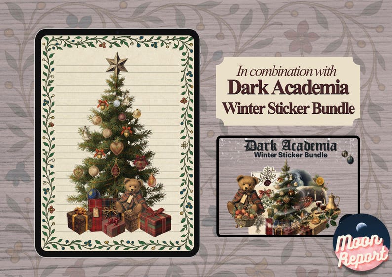 Promotional graphic combining this product with the Dark Academia Winter Sticker Bundle. Left side shows a lined page with an illustrated Christmas tree decorated with ornaments and presents. Right side displays the product image of the Dark Academia Winter Sticker Bundle with a teddy bear, tree and other winter elements. Text reads "In combination with Dark Academia Winter Sticker Bundle" on a vintage floral background with the Moon Report logo.