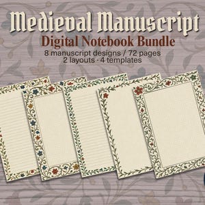Image showing two printable notebook pages from the Medieval Manuscript digital notebook bundle: one page with a decorative floral border and blank lined area, the other with a similar border but dotted grid. Each page features a vintage cream background and ornate scrollwork. The heading 'Medieval Manuscript Digital Notebook Bundle' appears above the pages with the Moon Report logo at bottom right.