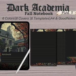 Könnte beinhalten: Ein digitales Notizbuch mit dem Thema Dark Academia. Das Cover zeigt ein gotisches Gebäude mit Herbstlaub. Das Notizbuch enthält linierte und karierte Vorlagen, und der Text lautet "Dark Academia Fall Notebook Part 3".