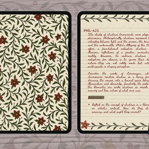 Set of two digital notebook pages: one shows a repeating medieval floral pattern with red flowers and green vines on a cream background, bordered in black; the other is a lined page with a floral border at top and bottom and printed text in the center.