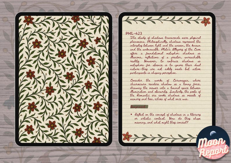 Set of two digital notebook pages: one shows a repeating medieval floral pattern with red flowers and green vines on a cream background, bordered in black; the other is a lined page with a floral border at top and bottom and printed text in the center.