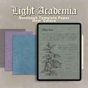 Könnte beinhalten: Ein digitales Tablet zeigt eine grüne linierte Seite mit einer botanischen Skizze und handschriftlichem Text, begleitet von einem weißen Eingabestift. Drei rechteckige Papiervorlagen in Blau, Lila und Dunkelgrau sind links gestapelt. Der Text lautet Light Academia Notebook Template Paper New Colors.