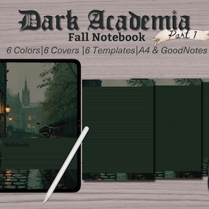 Könnte beinhalten: Digitales Notizbuch mit Dark Academia-Thema. Das Bild zeigt ein Tablet mit einer Stadtlandschaft, einen Stift und mehrere dunkelgrüne Notizbuchseiten. Der Text enthält "Dark Academia Fall Notebook" und "Part 1".